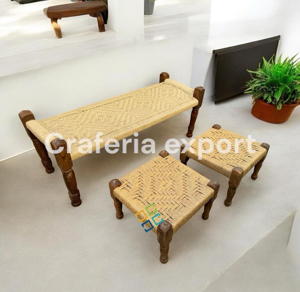 Natural 2 seater bench with pidha set of 2 for balcony /living room/cafe/restaurant - Image 2