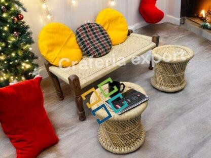 Wooden Natural Bench with Mudda stools for Balcony/Indoor/Outdoor - Image 4