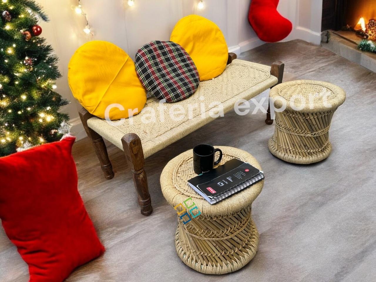 Wooden Natural Bench with Mudda stools for Balcony/Indoor/Outdoor - Image 4