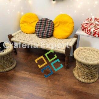 Wooden Natural Bench with Mudda stools for Balcony/Indoor/Outdoor