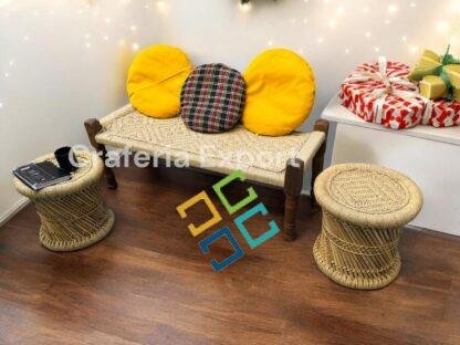 Wooden Natural Bench with Mudda stools for Balcony/Indoor/Outdoor