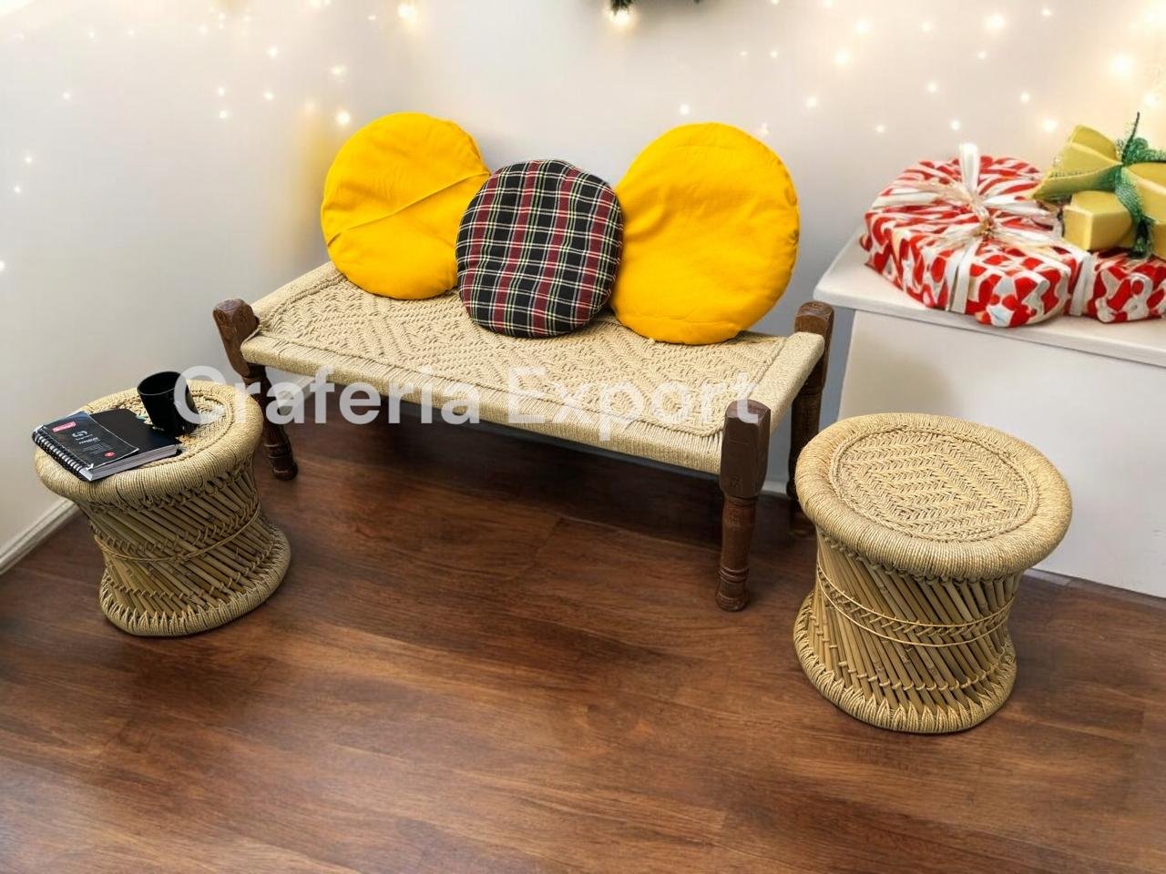 Wooden Natural Bench with Mudda stools for Balcony/Indoor/Outdoor