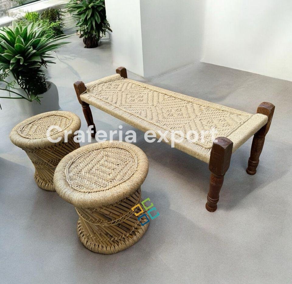 Wooden Natural Bench with Mudda stools for Balcony/Indoor/Outdoor - Image 2