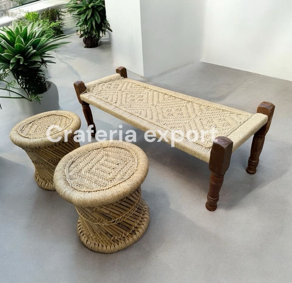 Wooden Natural Bench with Mudda stools for Balcony/Indoor/Outdoor - Image 2