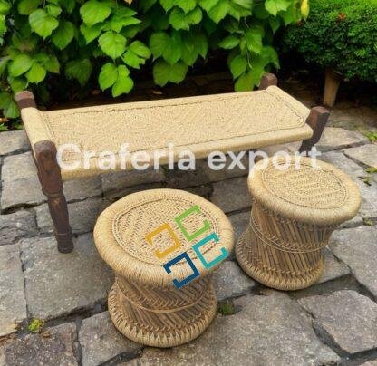 Wooden Natural Bench with Mudda stools for Balcony/Indoor/Outdoor - Image 3