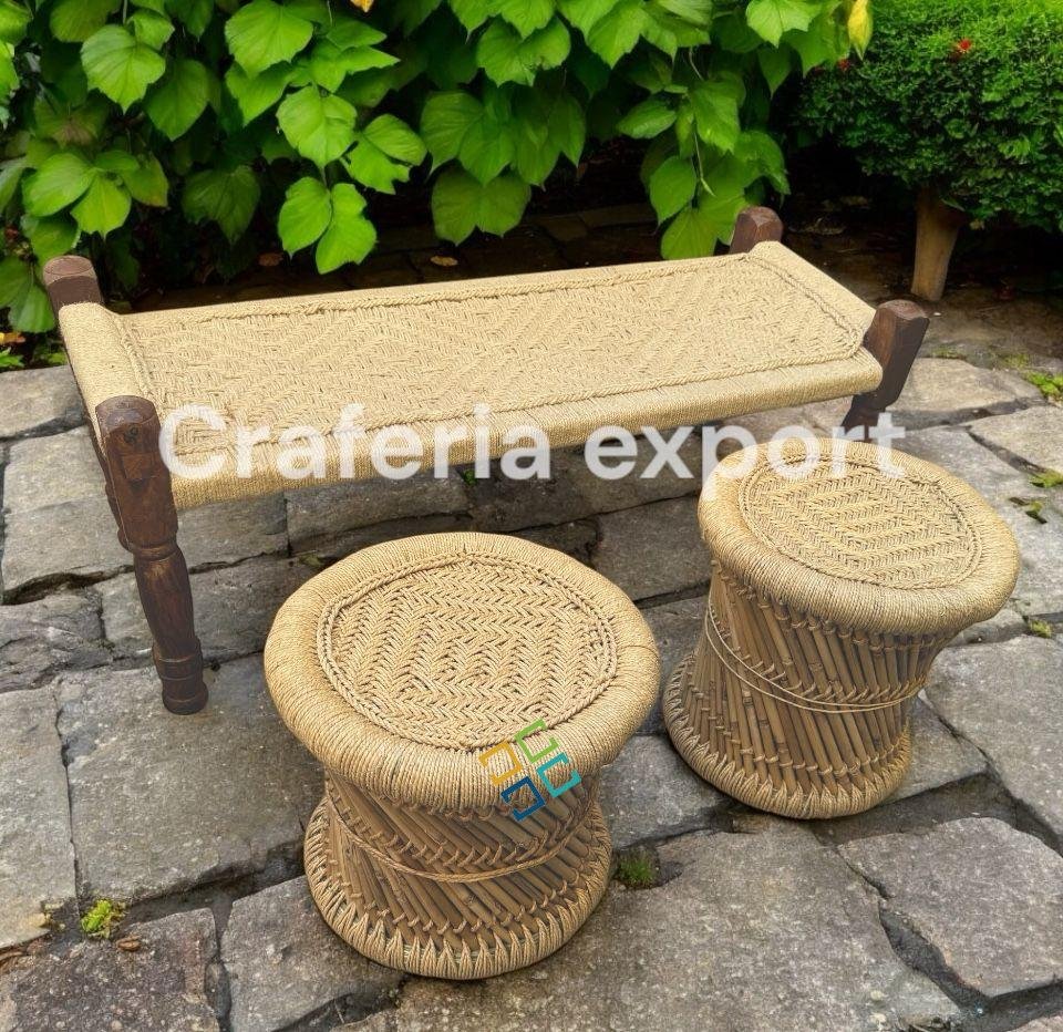 Wooden Natural Bench with Mudda stools for Balcony/Indoor/Outdoor - Image 3