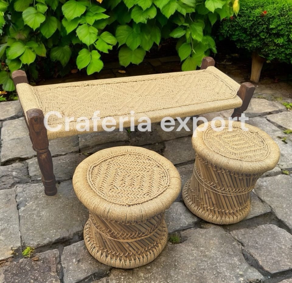 Wooden Natural Bench with Mudda stools for Balcony/Indoor/Outdoor - Image 3