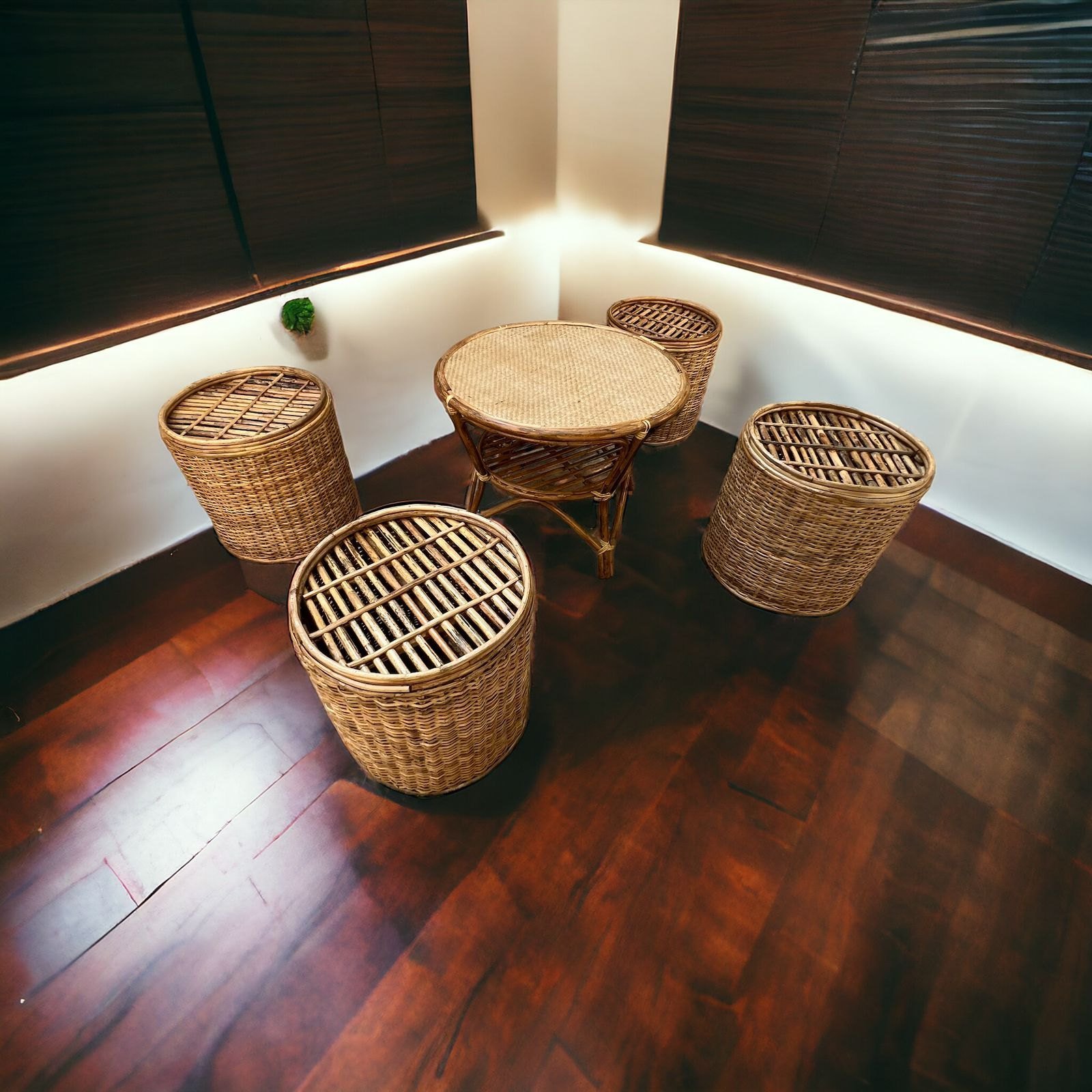 Bunai Cane Coffee Table Stools for Indoor Outdoor | Bar Stools with Table Set for Balcony / Garden / Home - Image 3