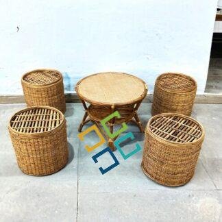 Bunai Cane Coffee Table Stools for Indoor Outdoor | Bar Stools with Table Set for Balcony / Garden / Home