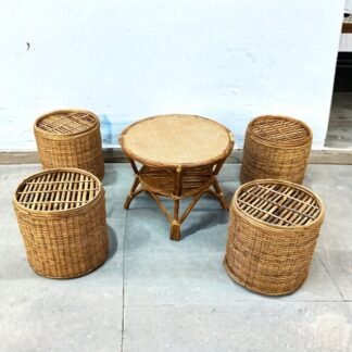 Bunai Cane Coffee Table Stools for Indoor Outdoor | Bar Stools with Table Set for Balcony / Garden / Home