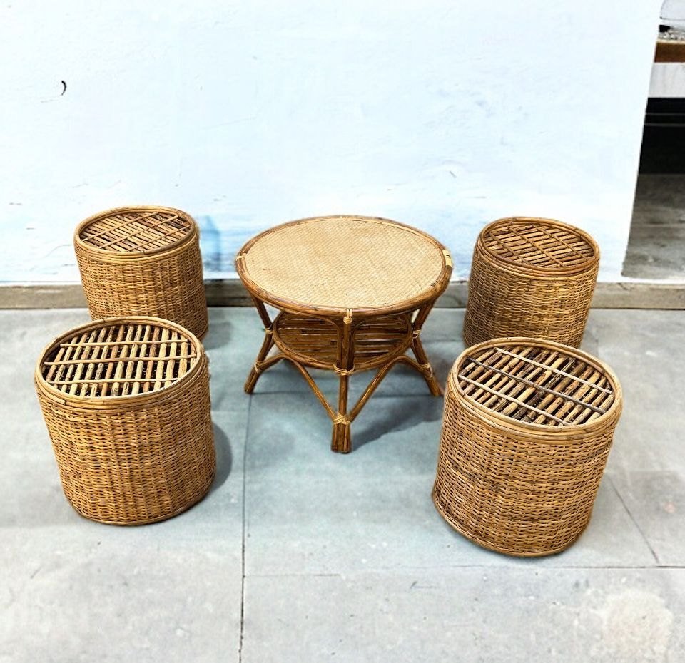 Bunai Cane Coffee Table Stools for Indoor Outdoor | Bar Stools with Table Set for Balcony / Garden / Home