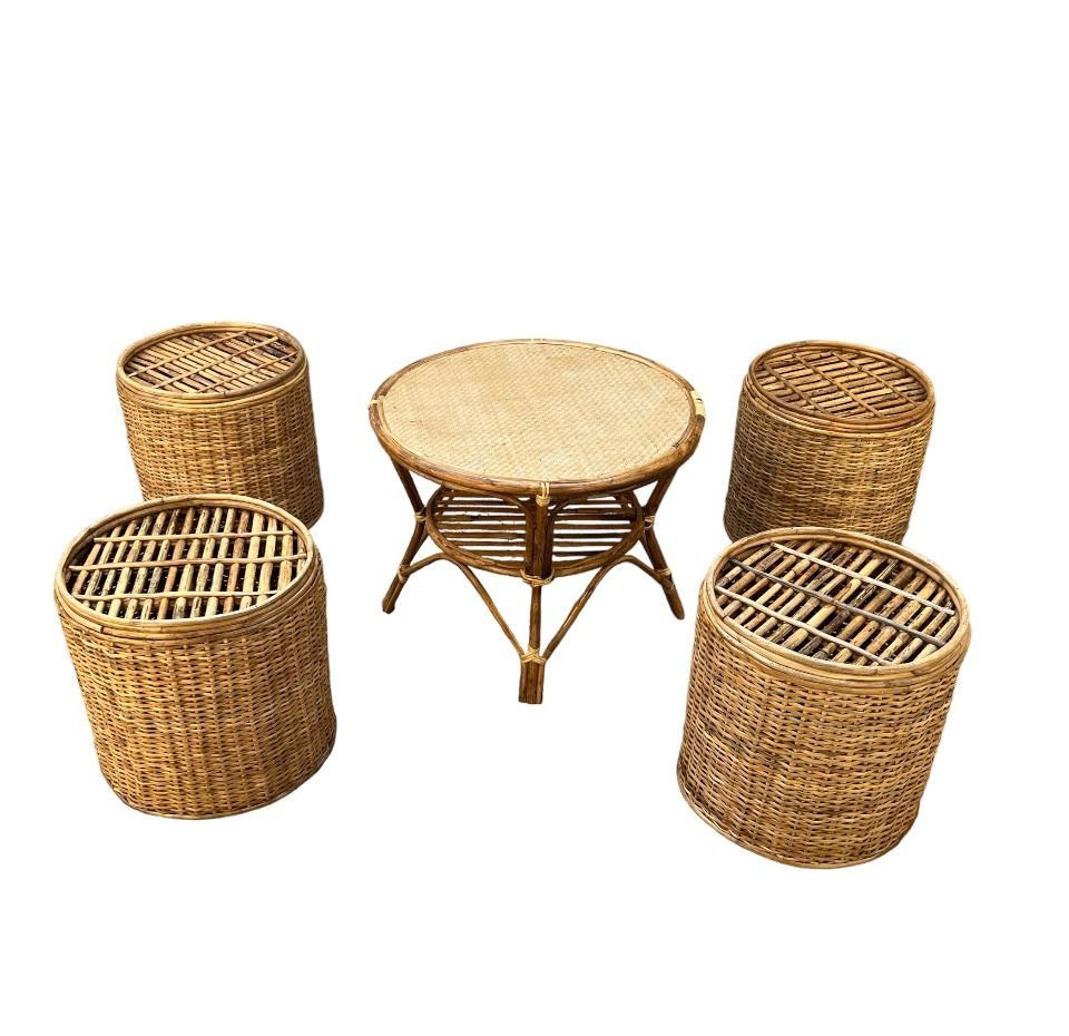 Bunai Cane Coffee Table Stools for Indoor Outdoor | Bar Stools with Table Set for Balcony / Garden / Home - Image 2