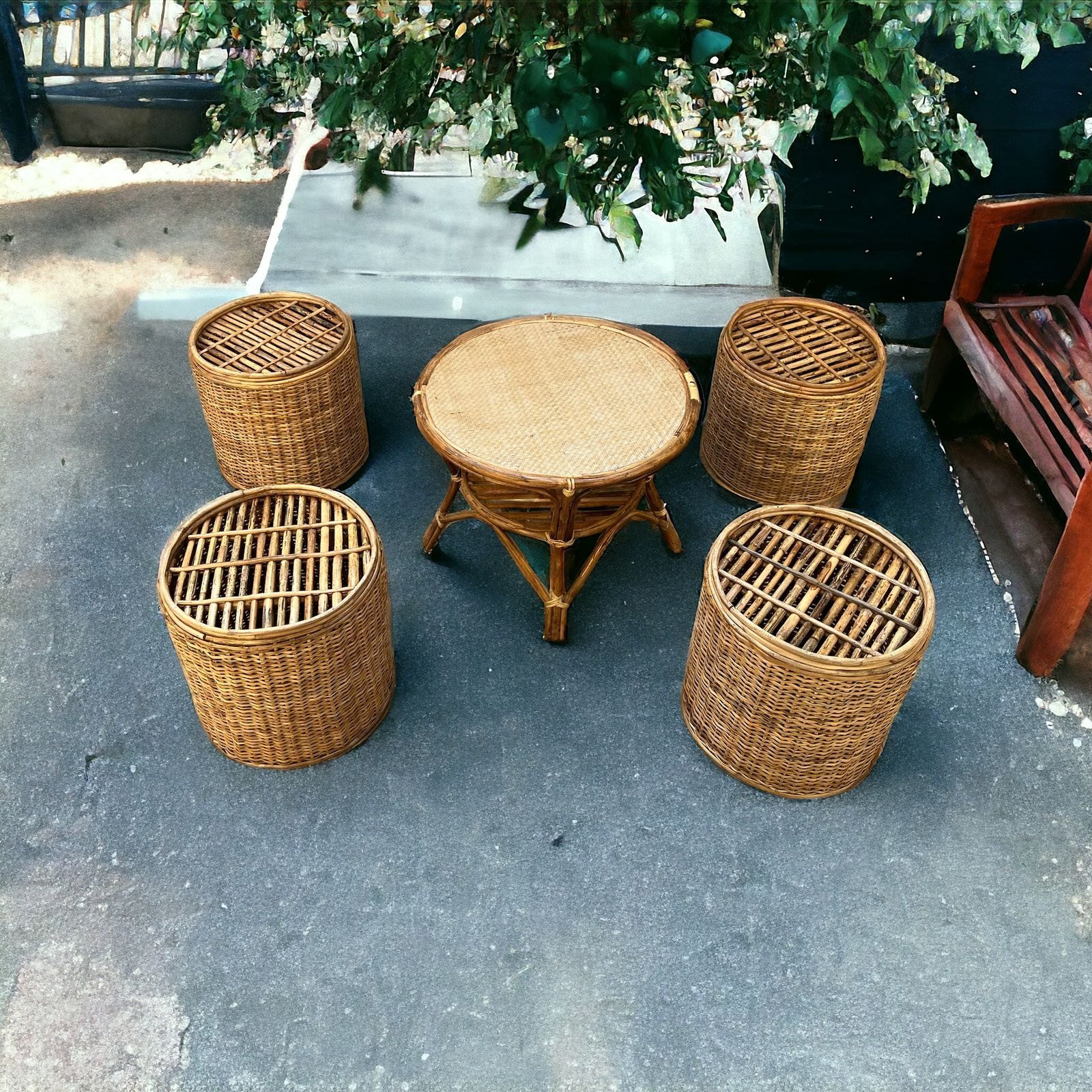 Bunai Cane Coffee Table Stools for Indoor Outdoor | Bar Stools with Table Set for Balcony / Garden / Home - Image 4