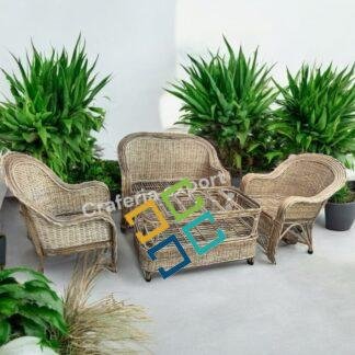 Cane 2 Seater Sofa Set with Half Bunai | Handcrafted Rattan Sofa with Chairs Table Set for living room, balconies , and studios