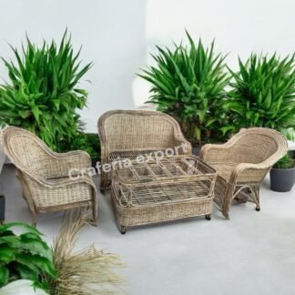 Cane 2 Seater Sofa Set with Half Bunai | Handcrafted Rattan Sofa with Chairs Table Set for living room, balconies , and studios