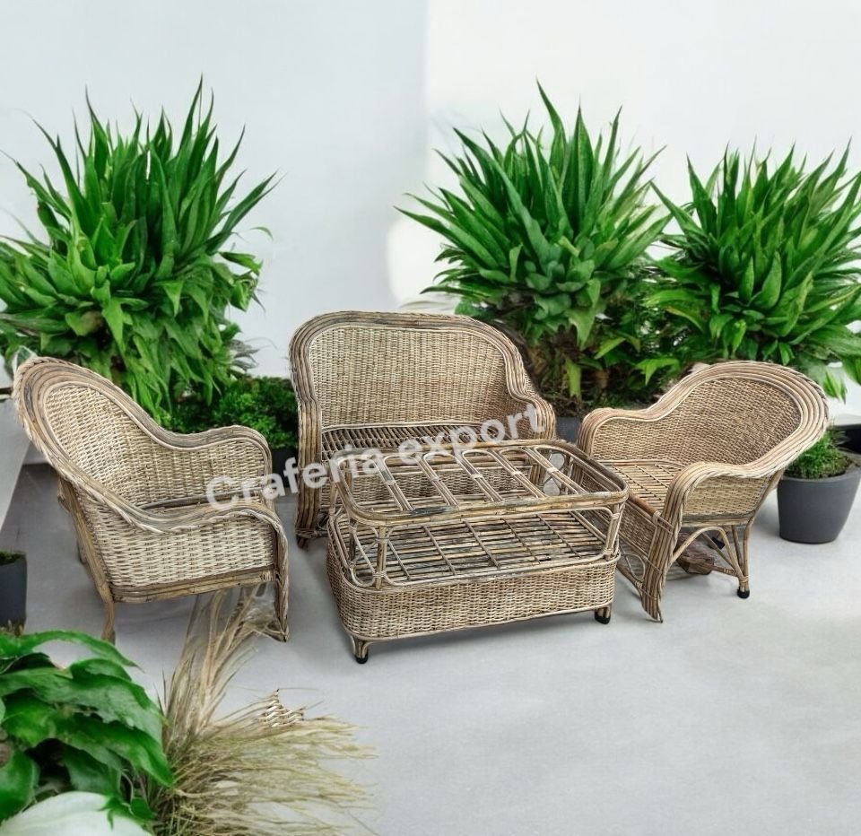 Cane 2 Seater Sofa Set with Half Bunai | Handcrafted Rattan Sofa with Chairs Table Set for living room, balconies , and studios