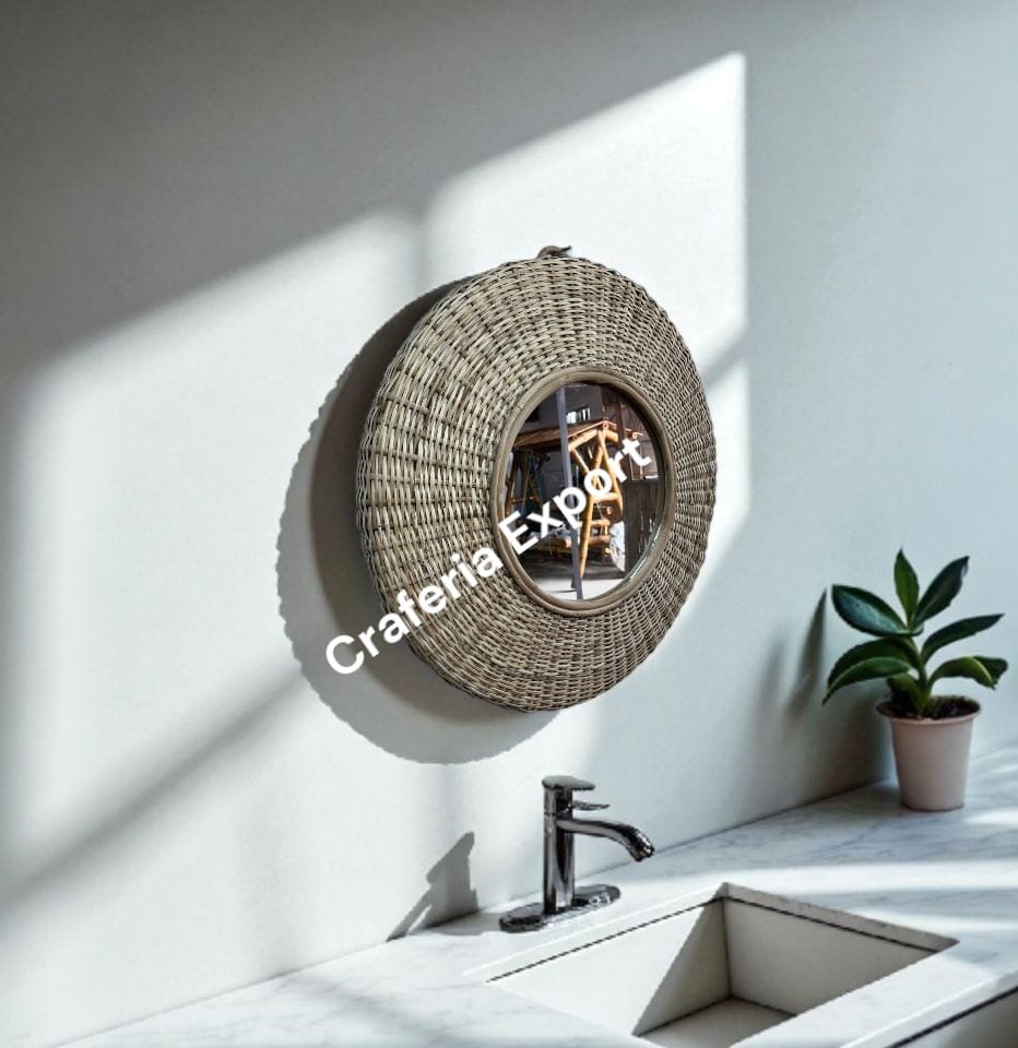 Natural Rattan Round Wall Mirror | Wicker Wall Home Decor Mirror | Decorative Wall Hanging - Image 5
