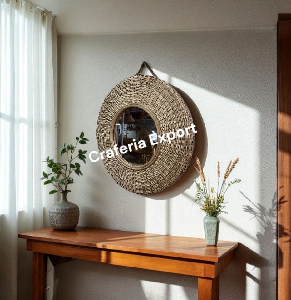 Natural Rattan Round Wall Mirror | Wicker Wall Home Decor Mirror | Decorative Wall Hanging - Image 4