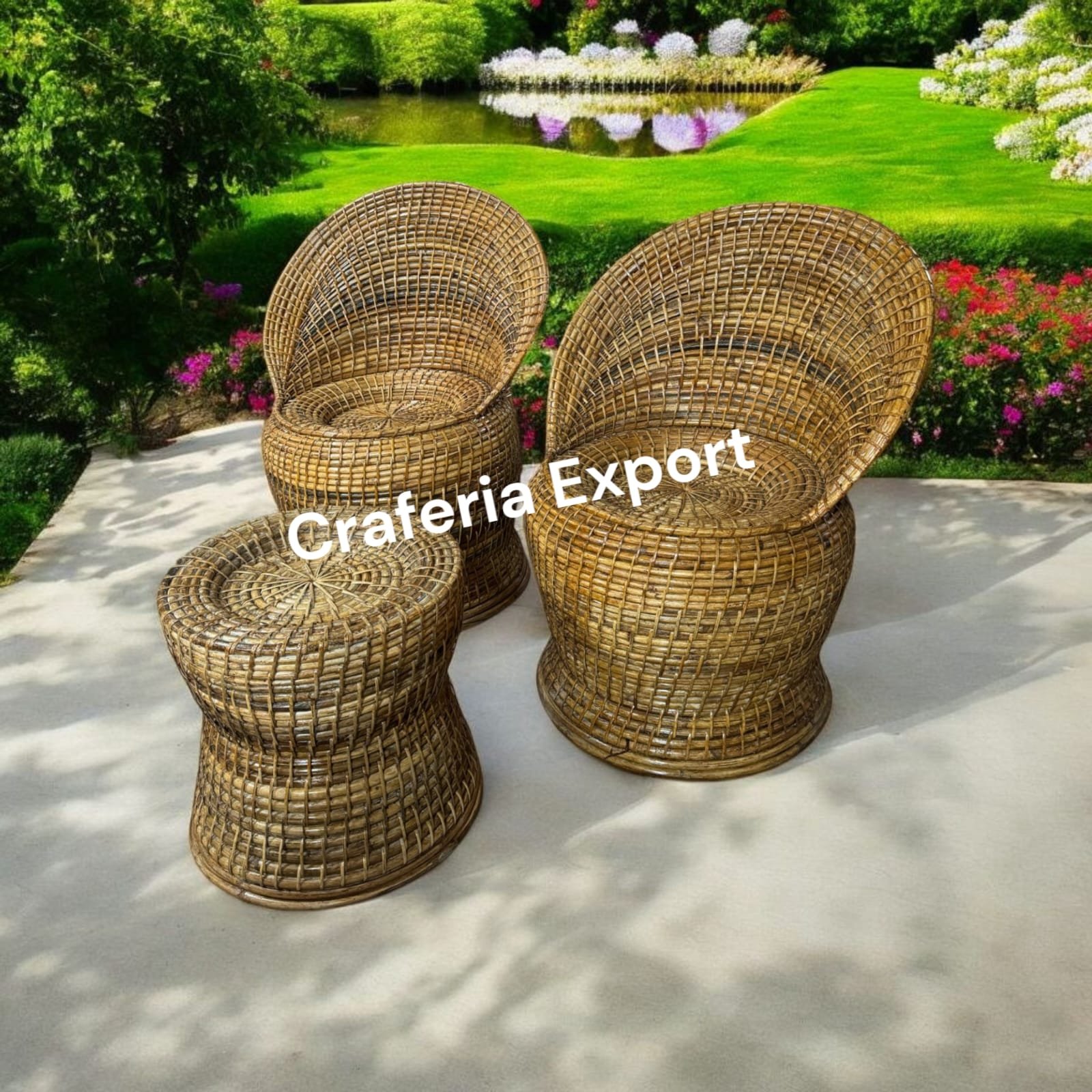 Cane Rattan Bunai Chairs Stool set | Bamboo Bunai Chair stools outdoor indoor / Living room / Balcony / Office, Garden, Resort