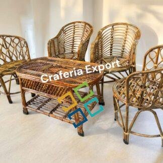 Cane Chairs Table Set of 5 | Bamboo Hina and Mudda Chairs Set for Balcony/Lawn/Bait Kursi Outdoor Indoor