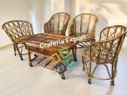 Cane Chairs Table Set of 5 | Bamboo Hina and Mudda Chairs Set for Balcony/Lawn/Bait Kursi Outdoor Indoor