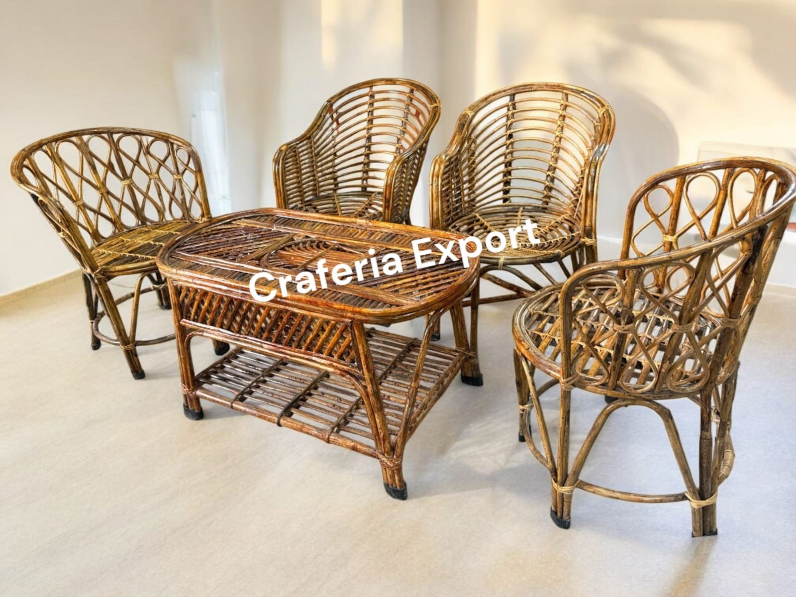 Cane Chairs Table Set of 5 | Bamboo Hina and Mudda Chairs Set for Balcony/Lawn/Bait Kursi Outdoor Indoor