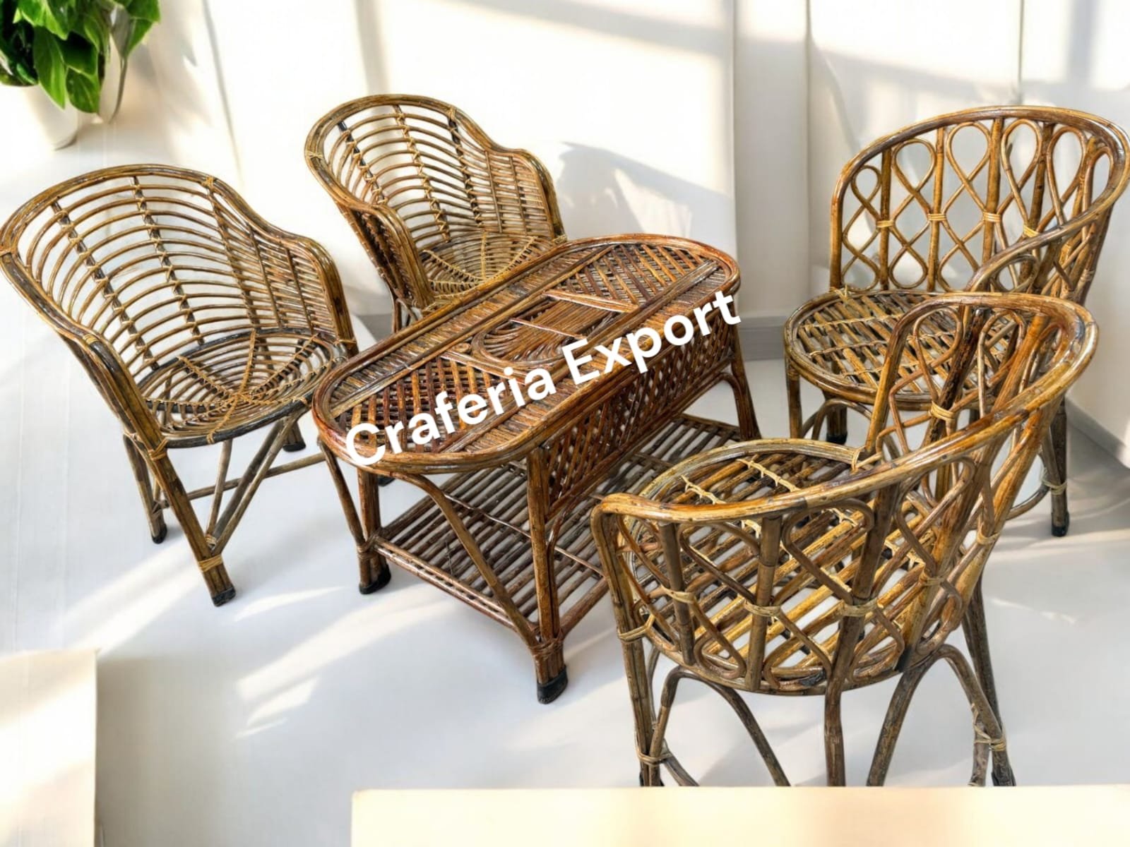 Cane Chairs Table Set of 5 | Bamboo Hina and Mudda Chairs Set for Balcony/Lawn/Bait Kursi Outdoor Indoor - Image 2