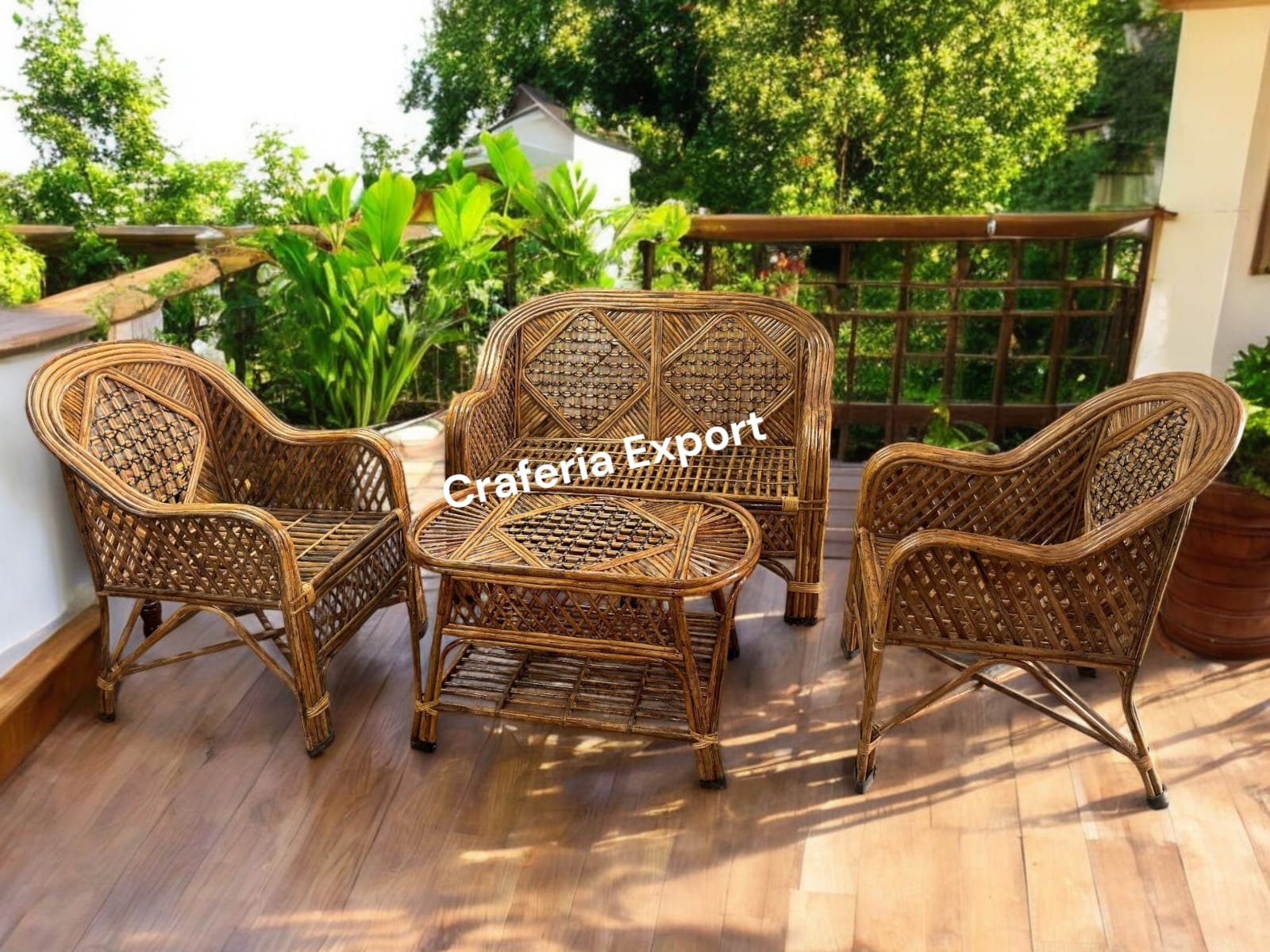 Cane 2 Seater Sofa Chairs Table Set for Home | Office | Living Room | Balcony