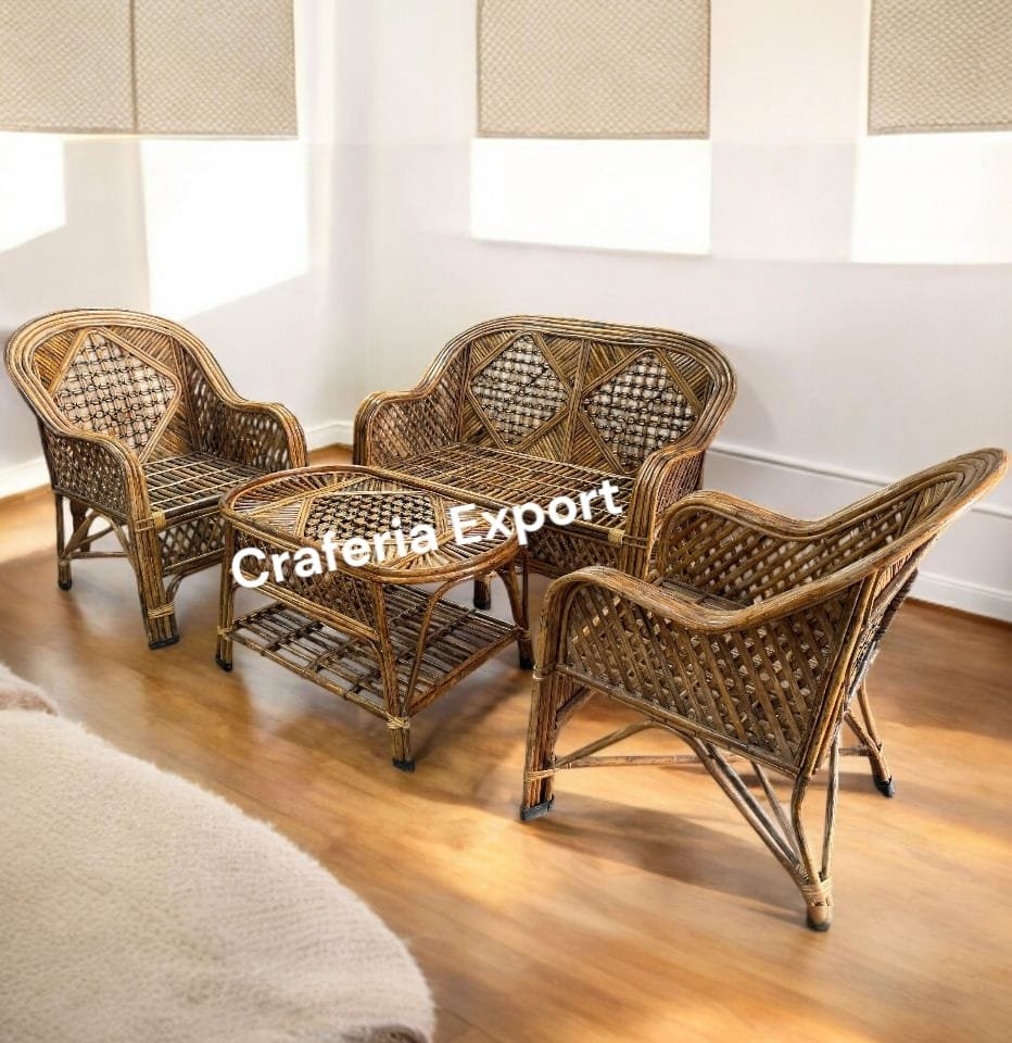 Cane 2 Seater Sofa Chairs Table Set for Home | Office | Living Room | Balcony - Image 2