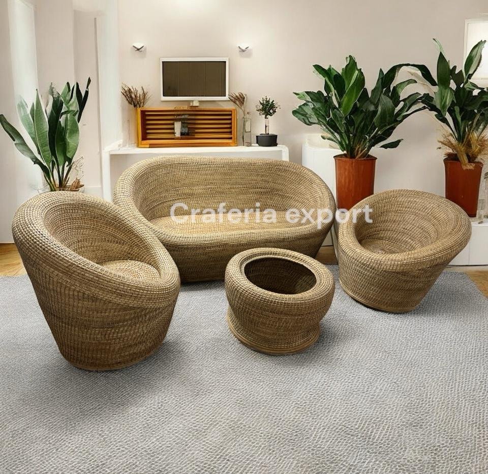 Designer Cane Apple Three seater Sofa with Chair table set | Bamboo Rattan Apple five Seater Sofa chair table furniture set | Cane Buani 3 seater sofa chairs table set for garden, living room, cafe bar hotel - Image 5