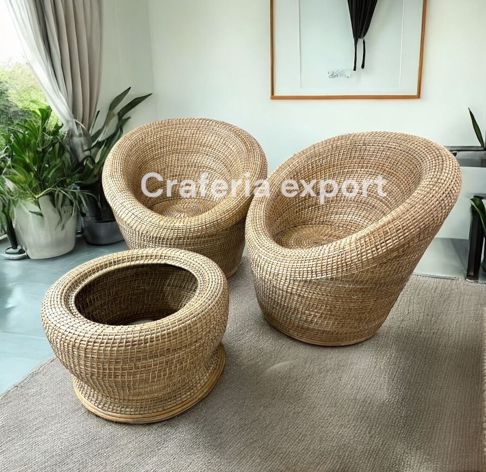 Bamboo Cane Apple Sofa Chairs table Set | Cane Bunai Apple Chairs with Coffee table set | Rattan Chairs set for lawn , Baclony , Garden , Cafe , Hotels indoor outdoor ( Set of 3)