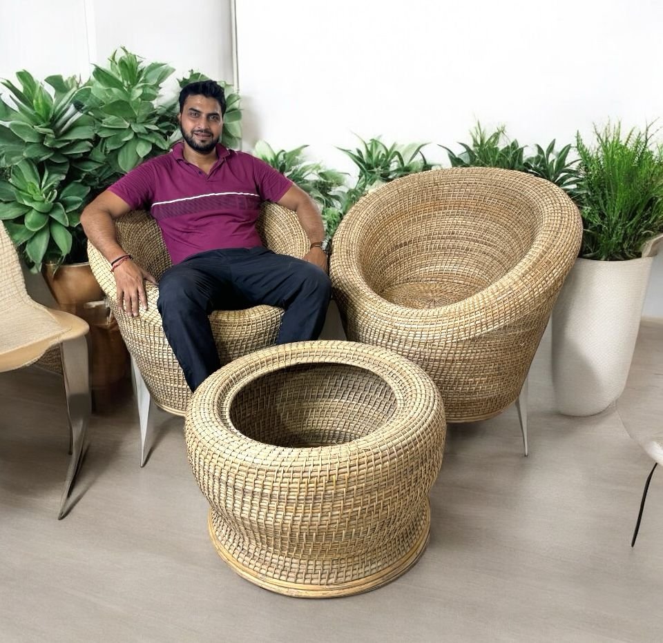 Bamboo Cane Apple Sofa Chairs table Set | Cane Bunai Apple Chairs with Coffee table set | Rattan Chairs set for lawn , Baclony , Garden , Cafe , Hotels indoor outdoor ( Set of 3) - Image 4