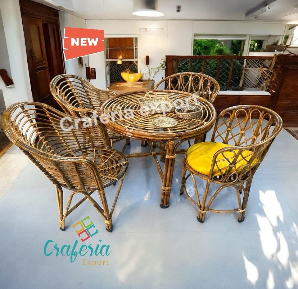 Cane Back-mudda Chairs Table Set | Bamboo Arm Rest backmuda Chairs with round XL table set for indoor outdoor / Cafe / Hotels / Restaurants/ Living Room / Garden Balcony - Image 3