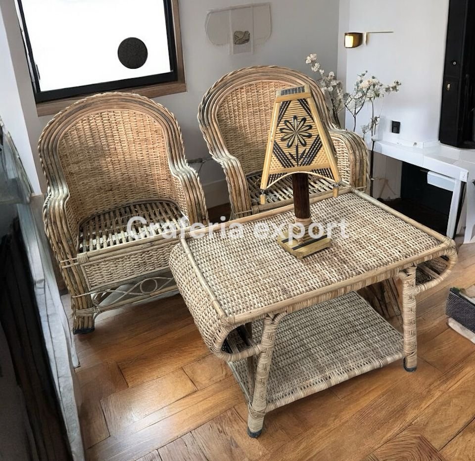 Cane Sofa chairs with coffee table set furniture | Bamboo Bunai Sofa chairs set for indoor outdoor sitting /Cane Apple Chairs set ( set of 3) - Image 4