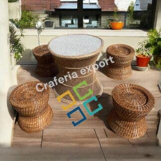 Cane Bamboo Coffee table stools set for Indoor Outdoor / Bunai Stools with Round Tall Table Set Furniture for Restaurant Cafe Hotel Use ( set of 5)
