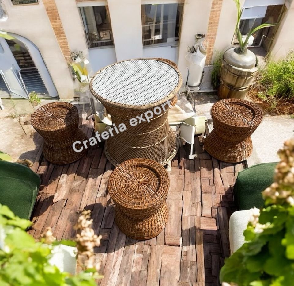 Cane Bamboo Coffee table stools set for Indoor Outdoor / Bunai Stools with Round Tall Table Set Furniture for Restaurant Cafe Hotel Use ( set of 5) - Image 3