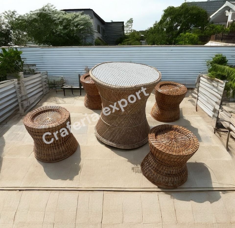 Cane Bamboo Coffee table stools set for Indoor Outdoor / Bunai Stools with Round Tall Table Set Furniture for Restaurant Cafe Hotel Use ( set of 5) - Image 2