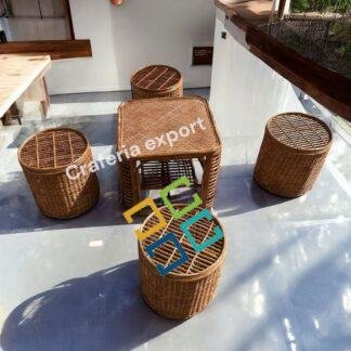 Bamboo Cane Round Stool / Bunai Sitting stools with table for Balcony / Garden / Coffee Table Set Furniture / Ourdoor Furniture for Restaurant Cafe Hotel Use (Set of 5)