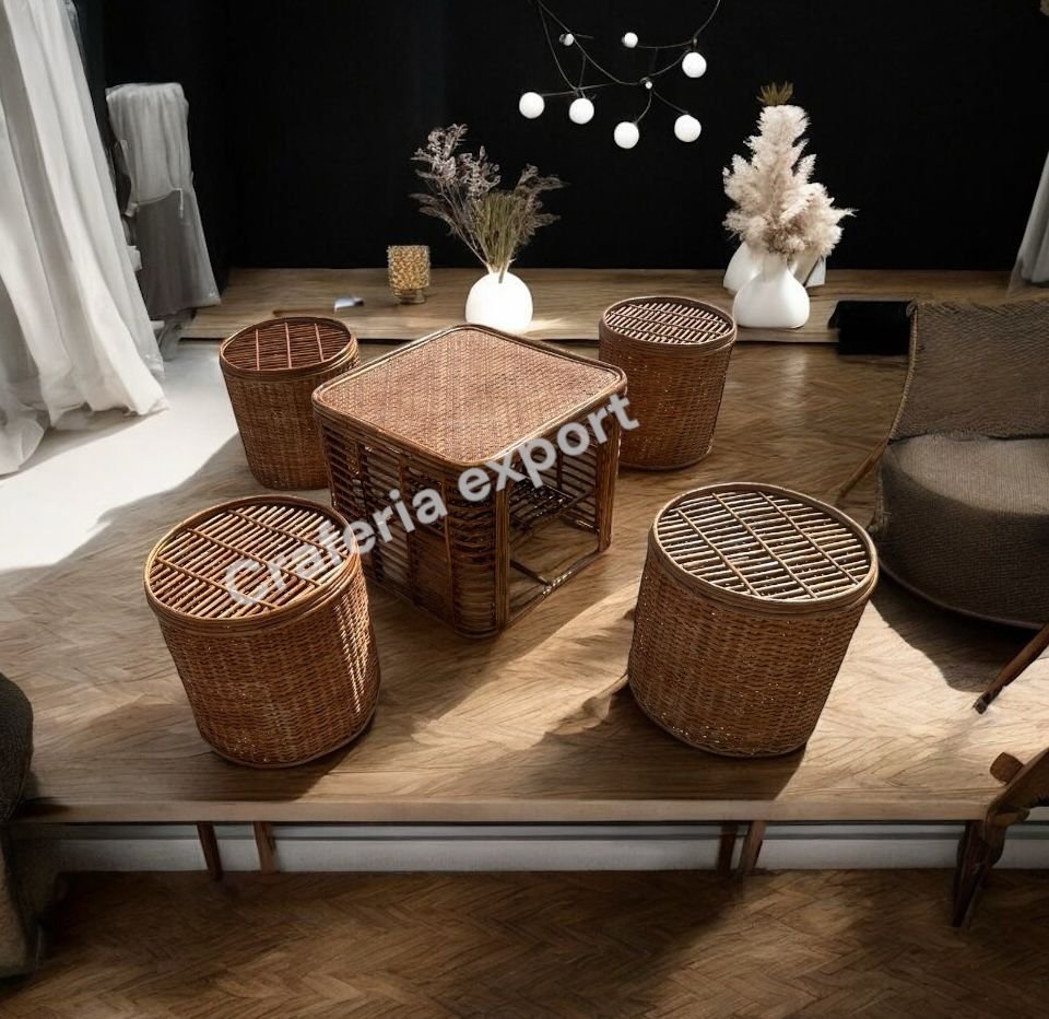 Bamboo Cane Round Stool / Bunai Sitting stools with table for Balcony / Garden / Coffee Table Set Furniture / Ourdoor Furniture for Restaurant Cafe Hotel Use (Set of 5) - Image 3