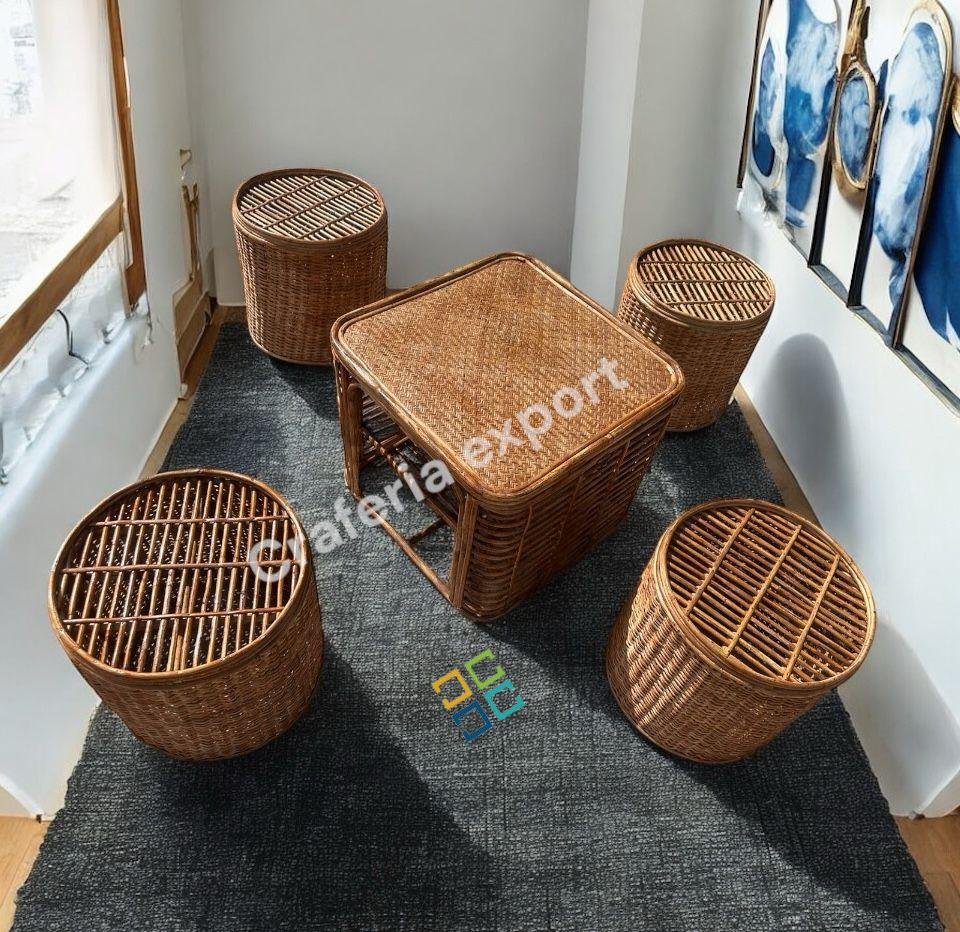 Bamboo Cane Round Stool / Bunai Sitting stools with table for Balcony / Garden / Coffee Table Set Furniture / Ourdoor Furniture for Restaurant Cafe Hotel Use (Set of 5) - Image 4