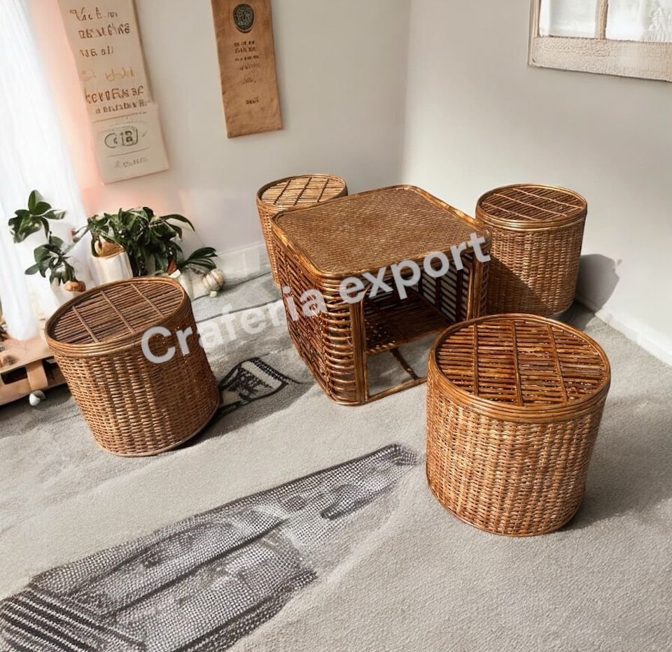 Bamboo Cane Round Stool / Bunai Sitting stools with table for Balcony / Garden / Coffee Table Set Furniture / Ourdoor Furniture for Restaurant Cafe Hotel Use (Set of 5) - Image 5