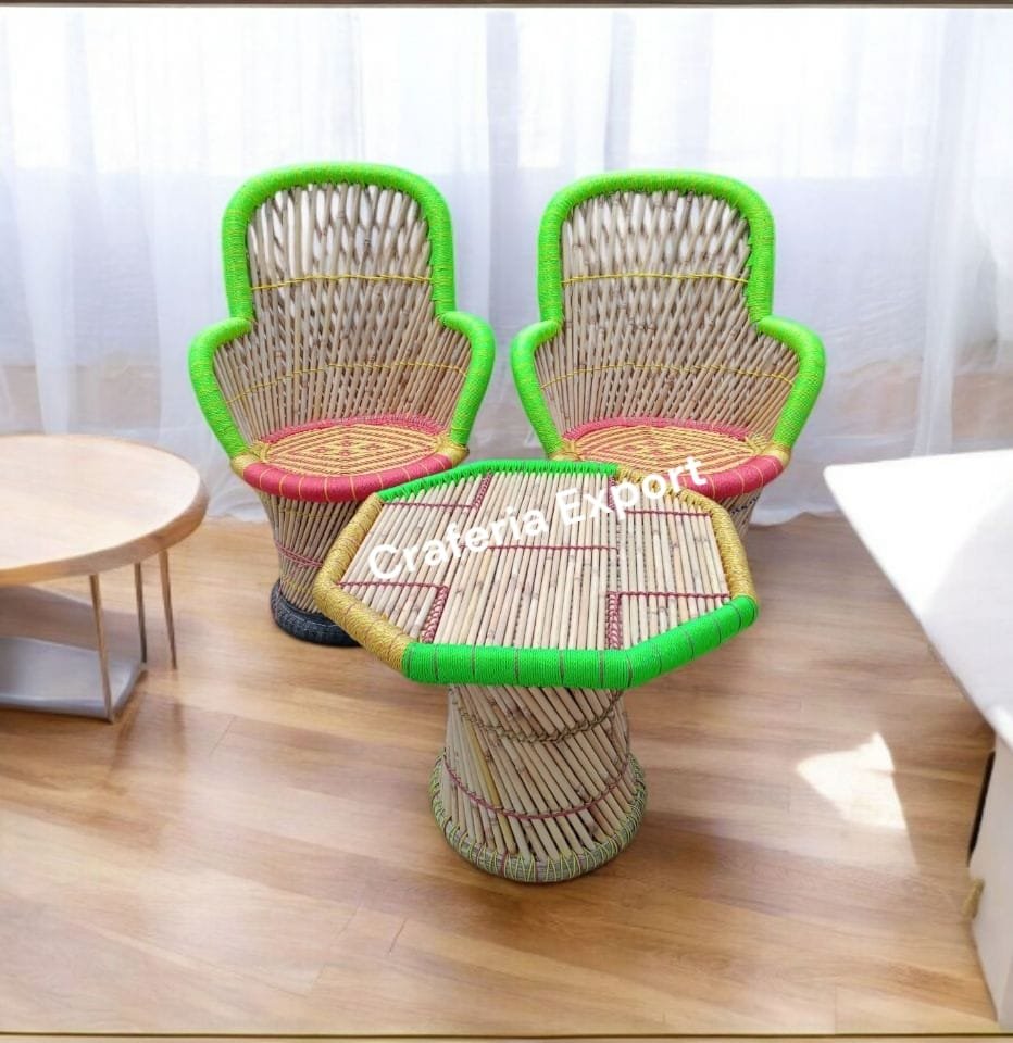 Bamboo Outdoor Sitting Chair Stools Furniture Set/ Bamboo mudha chairs with table for Garden / Terrace / Lawn / Living Room (Large Size -chairs /Medium -table ) - Image 7