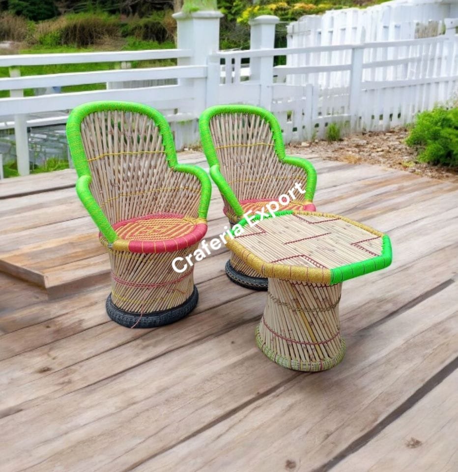 Bamboo Outdoor Sitting Chair Stools Furniture Set/ Bamboo mudha chairs with table for Garden / Terrace / Lawn / Living Room (Large Size -chairs /Medium -table ) - Image 4