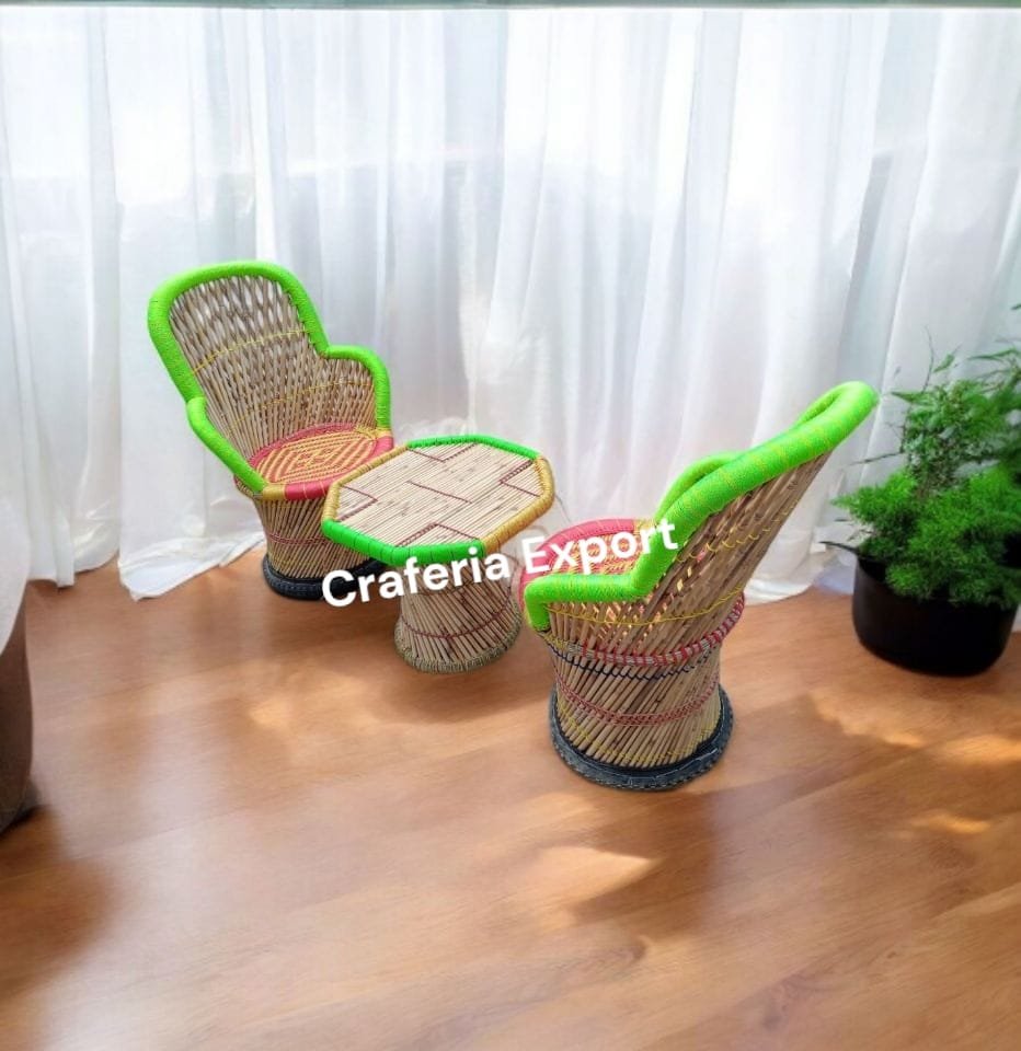 Bamboo Outdoor Sitting Chair Stools Furniture Set/ Bamboo mudha chairs with table for Garden / Terrace / Lawn / Living Room (Large Size -chairs /Medium -table ) - Image 3