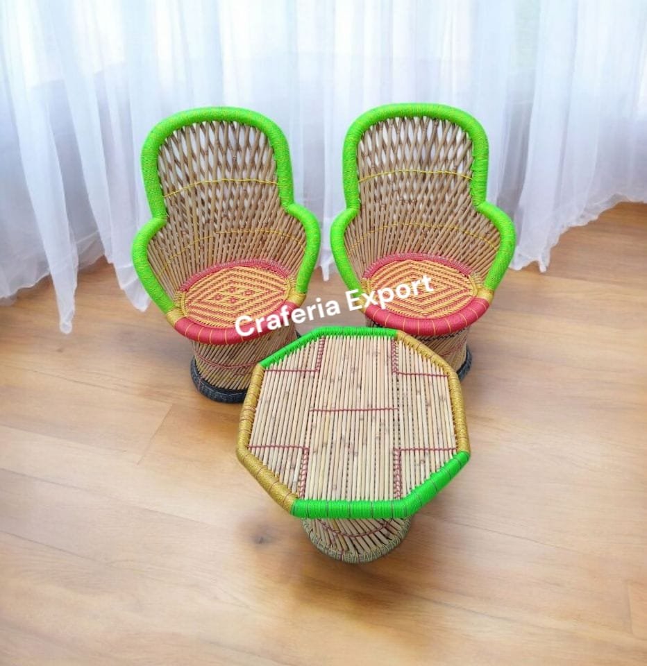 Bamboo Outdoor Sitting Chair Stools Furniture Set/ Bamboo mudha chairs with table for Garden / Terrace / Lawn / Living Room (Large Size -chairs /Medium -table ) - Image 2