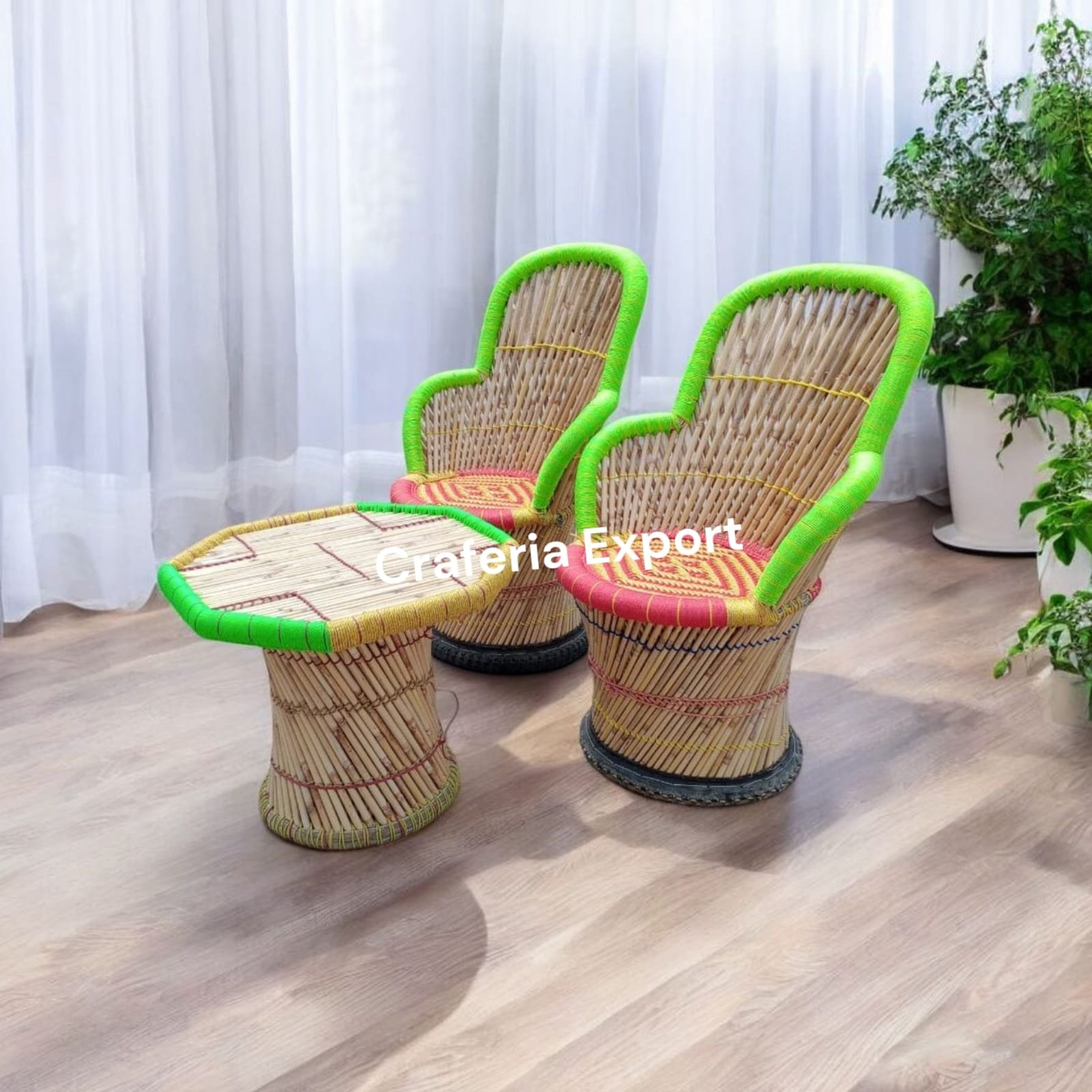 Bamboo Outdoor Sitting Chair Stools Furniture Set/ Bamboo mudha chairs with table for Garden / Terrace / Lawn / Living Room (Large Size -chairs /Medium -table ) - Image 9