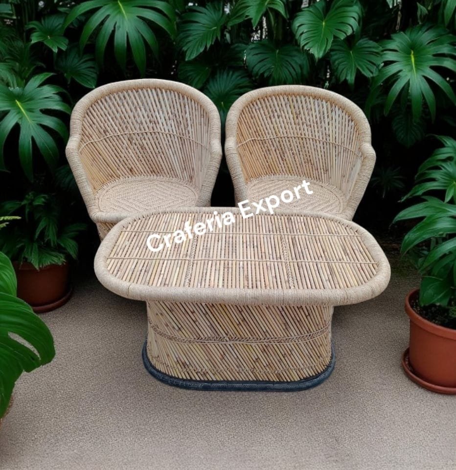 Natural Munj Bamboo Mudda Chairs with Table / Cane Armrest Chair table set for Lawn/ Balcony /terrace / Garden / Cafe/ Hotels (XL-size)