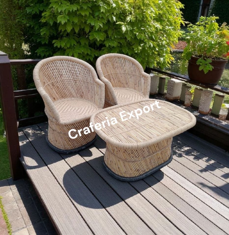 Natural Munj Bamboo Mudda Chairs with Table / Cane Armrest Chair table set for Lawn/ Balcony /terrace / Garden / Cafe/ Hotels (XL-size) - Image 4
