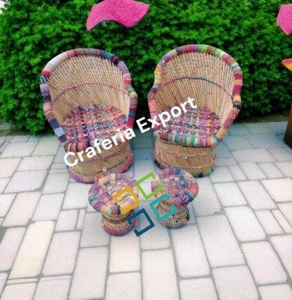 Bamboo Mudda Multicolor Chair Stool / Outdoor Armrest Chairs Mudda Set for Living Room / Restaurants / Hotels/  Events ( 2 XL chair  with Small Mudda) - Image 2