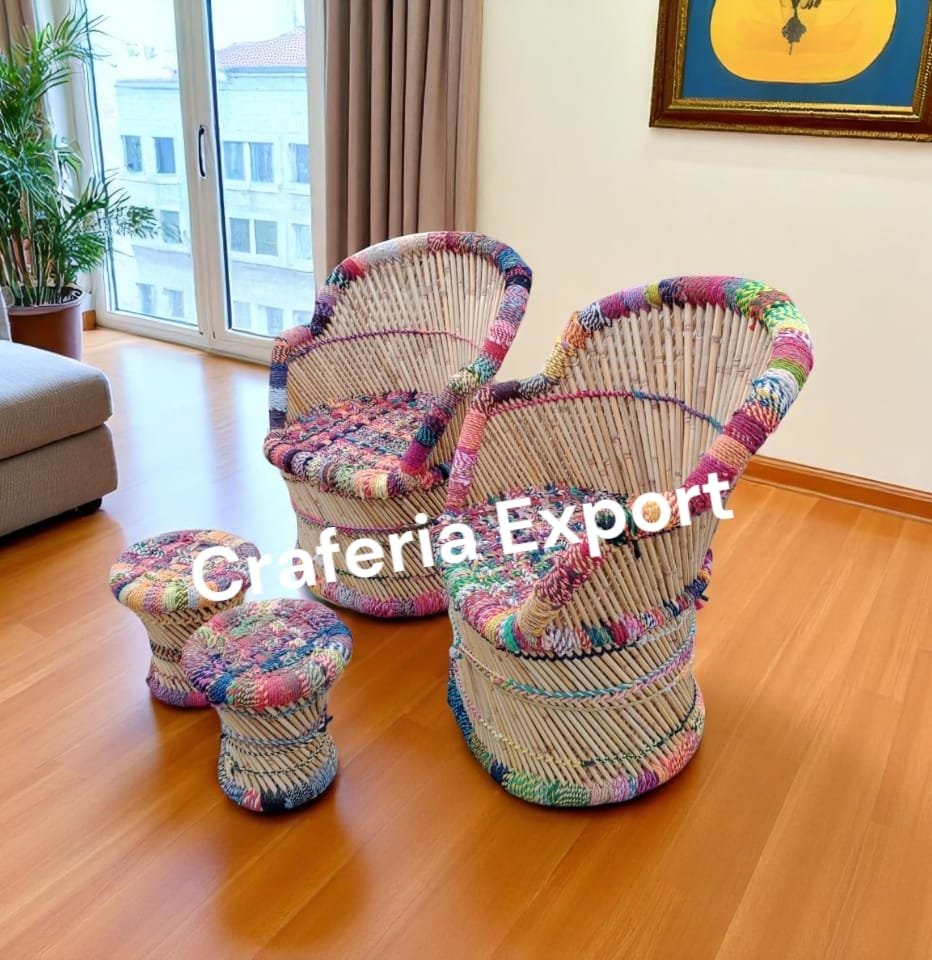 Bamboo Mudda Multicolor Chair Stool / Outdoor Armrest Chairs Mudda Set for Living Room / Restaurants / Hotels/ Events ( 2 XL chair with Small Mudda)